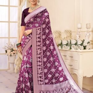 Purple Banarasi Silk Saree with Silver Zari Weaving