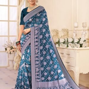Teal Blue Banarasi Silk Saree with Silver Zari Weaving