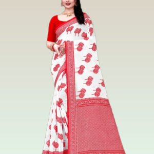 Red and White Tree Motif Puja special Elegant Cotton Silk Saree