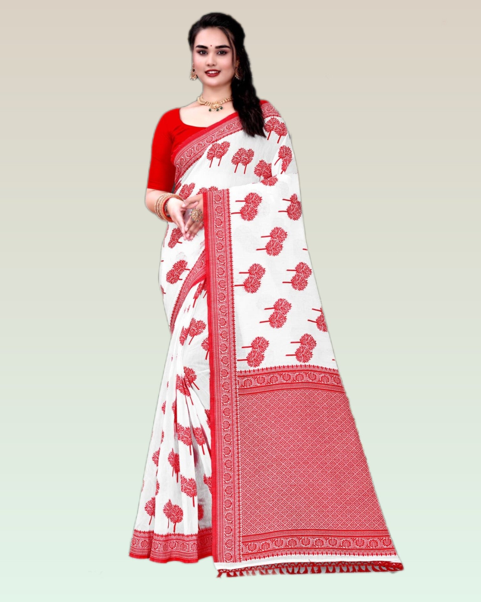 Red and White Tree Motif Puja special Elegant Cotton Silk Saree