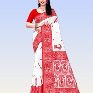 Red and White Story Motifs Puja special Elegant Cotton Silk Saree