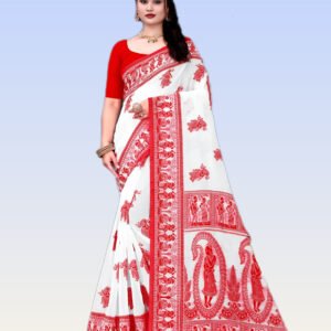 Classic Bengali Style White & Red Cotton Silk Saree with Folk Art Weaving