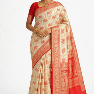Cream Red Baluchuri Silk Saree